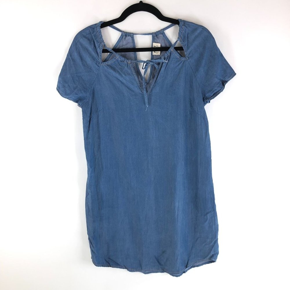 AMT Above Mediocre Taste Chambray Short Sleeve Tencel Tie Neck Shift Dress Sz S